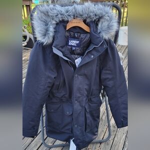 Lands' End Women's Black Parka with Faux Fur Hood Small